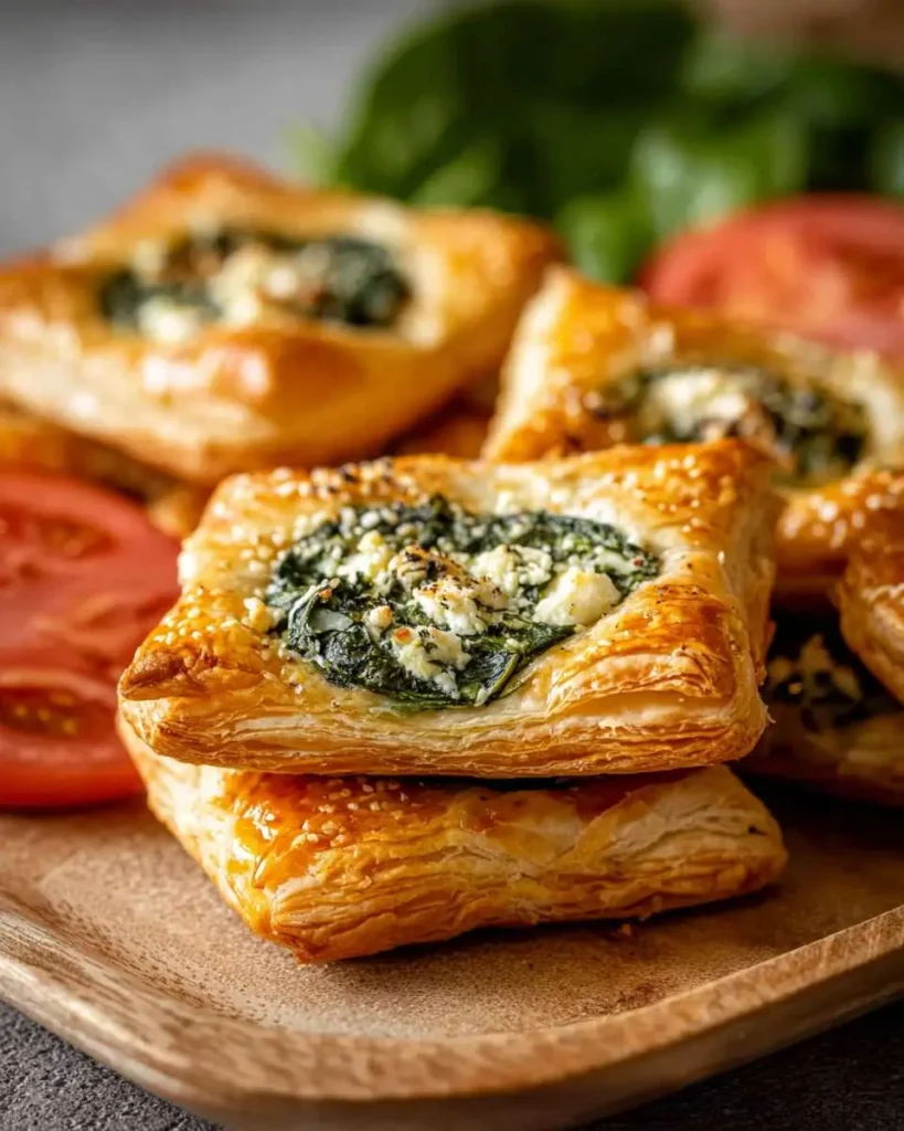 Best spinach feta puff pastry 26 Golden-brown spinach feta puff pastry squares, filled with creamy feta and vibrant spinach, stacked on a wooden tray with tomato slices.