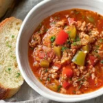 A close-up of a white bowl filled with delicious stuffed pepper soup, featuring ground meat, colorful bell peppers, and rice, served with crusty bread.