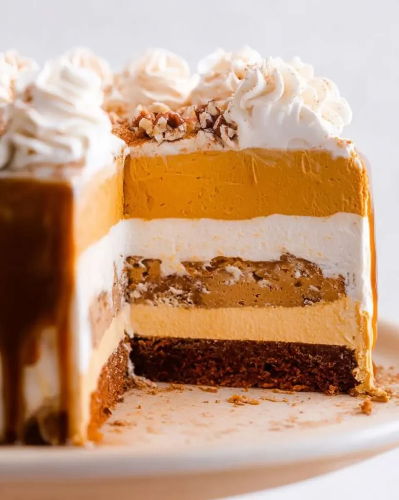 A delicious slice of Thanksgiving Piecaken revealing its rich layers of pumpkin, white cream, cake, and pie filling, topped with whipped cream, pecans, and caramel.