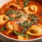 A close-up of a white bowl filled with vibrant red tomato tortellini soup, garnished with fresh basil, grated cheese, and black pepper.