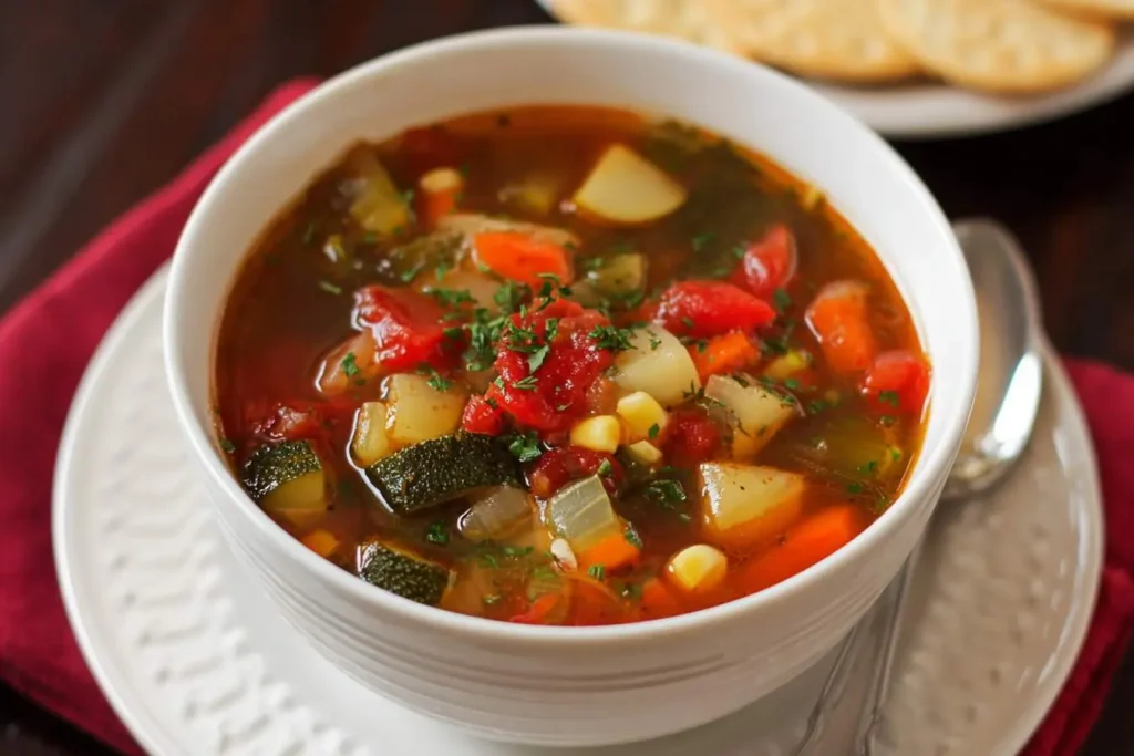 Quick and Easy Homemade Vegetable Soup Recipe 25 A white bowl of vibrant vegetable soup, brimming with chunks of zucchini, potatoes, carrots, corn, and tomatoes, garnished with fresh parsley.
