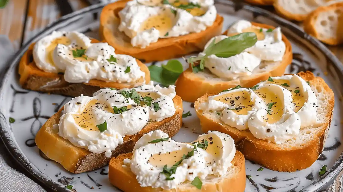 Whipped Ricotta Crostini topped with olive oil and herbs on a plate.