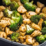 A close-up shot of perfectly cooked Air Fryer Chicken and Broccoli in a black serving dish, seasoned with sesame seeds and pepper.