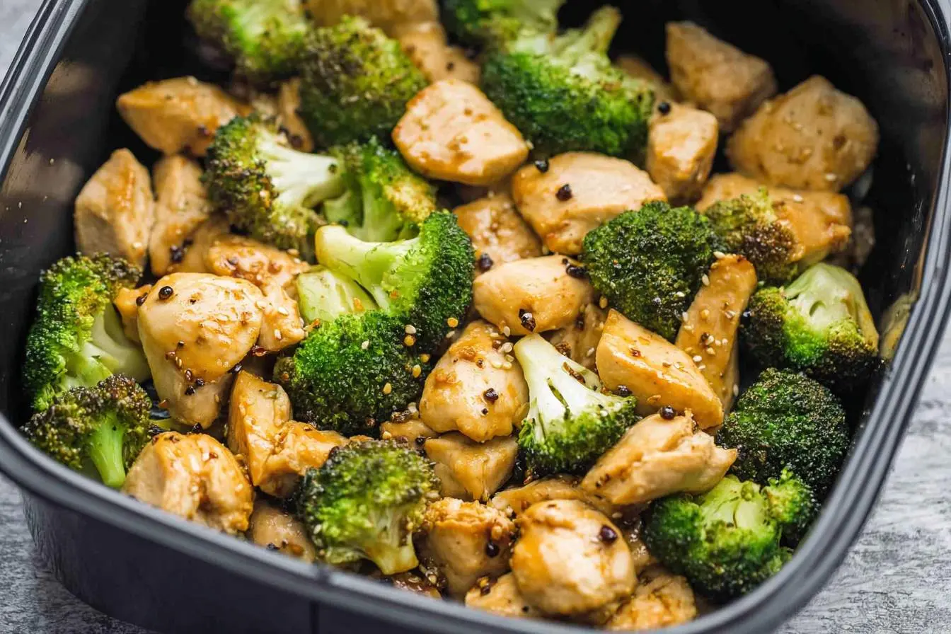 A close-up shot of perfectly cooked Air Fryer Chicken and Broccoli in a black serving dish, seasoned with sesame seeds and pepper.