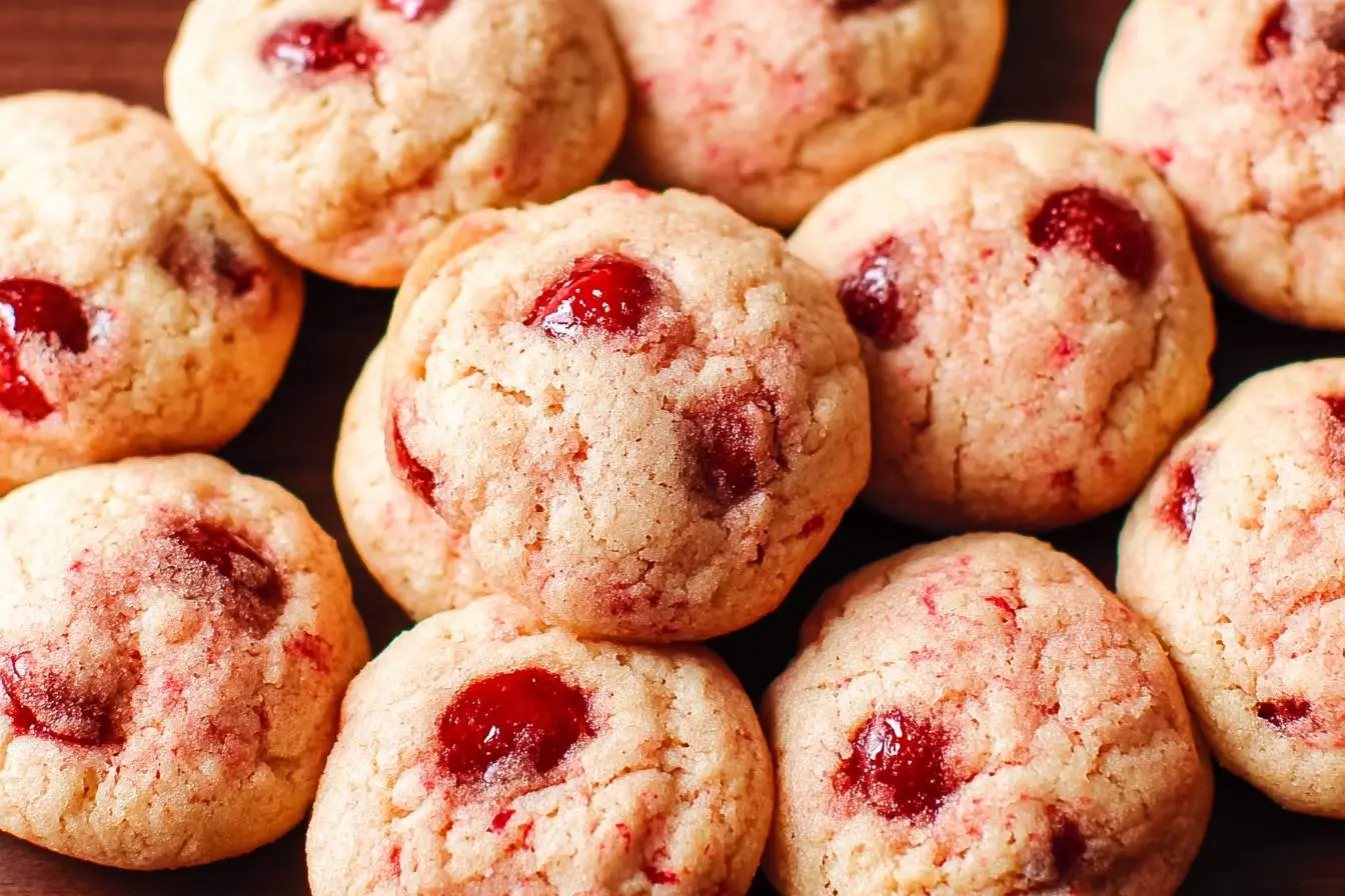 A close-up view of numerous freshly baked, soft cherry cookies with visible bright red fruit pieces.