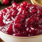 A white bowl filled with glistening, chunky homemade cranberry sauce, with fresh cranberries and evergreen in the background.