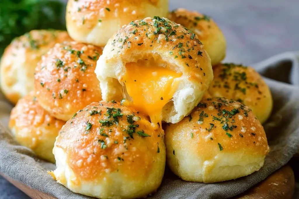 GARLIC BUTTER CHEESE BOMBS 25 A pile of golden-brown GARLIC BUTTER CHEESE BOMBS, one torn open to reveal gooey melted cheddar cheese oozing out, garnished with green herbs.