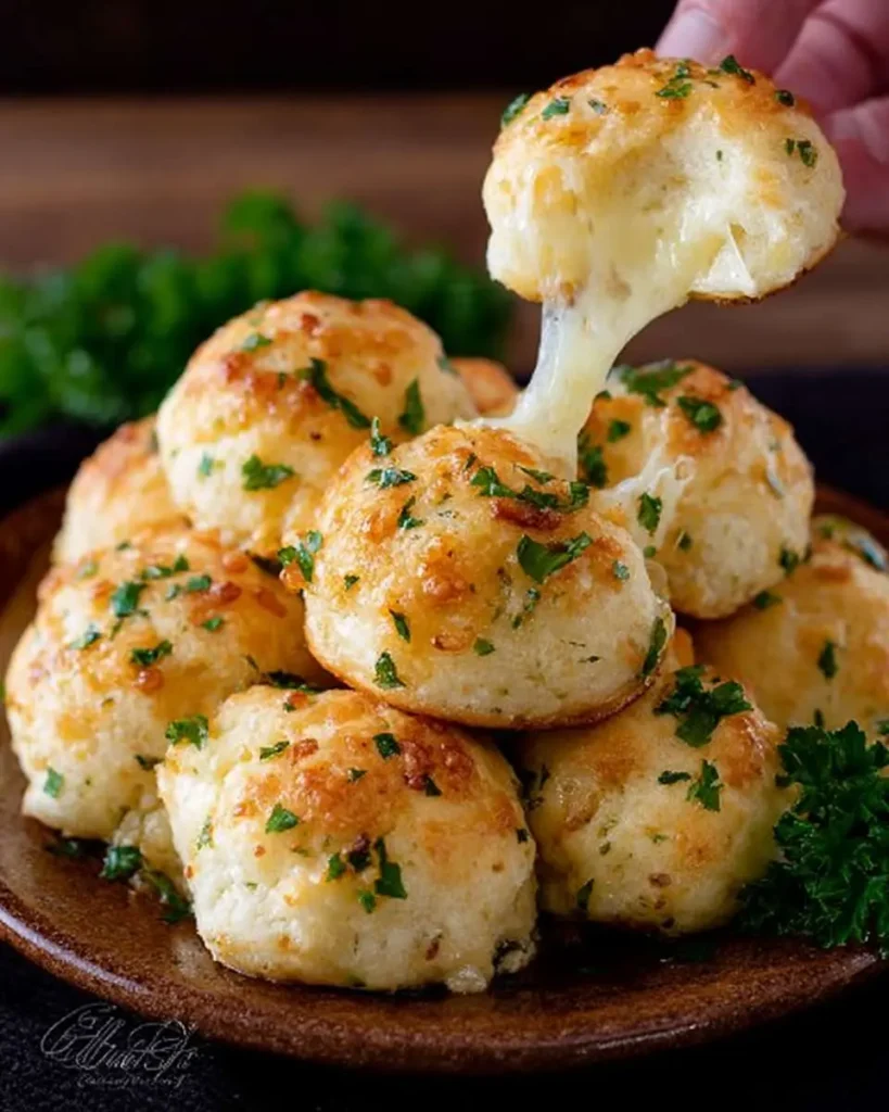 GARLIC BUTTER CHEESE BOMBS 26 A hand pulls apart a golden GARLIC BUTTER CHEESE BOMB, revealing melted mozzarella, with more on a plate.