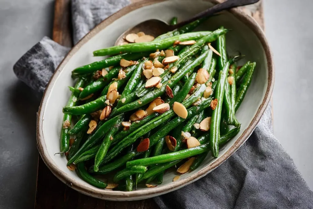 Green Beans Almondine 25 A ceramic bowl filled with vibrant green beans topped generously with toasted slivered almonds, ready to serve.
