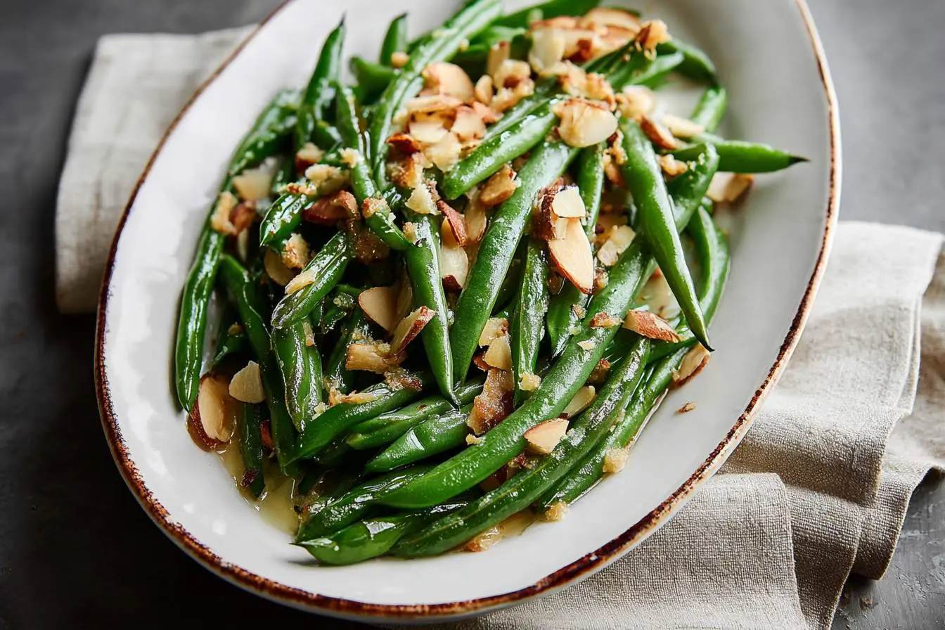 Green Beans Almondine 27 A white oval dish showcases perfectly cooked green beans with almonds, glistening with a savory dressing.