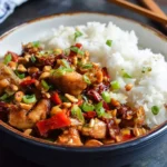 A close-up of a bowl of delicious kung pao chicken with white rice, garnished with peanuts, red chilies, and green onions.