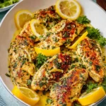 A white bowl filled with golden-brown lemon garlic chicken pieces, garnished with fresh parsley and bright lemon slices.