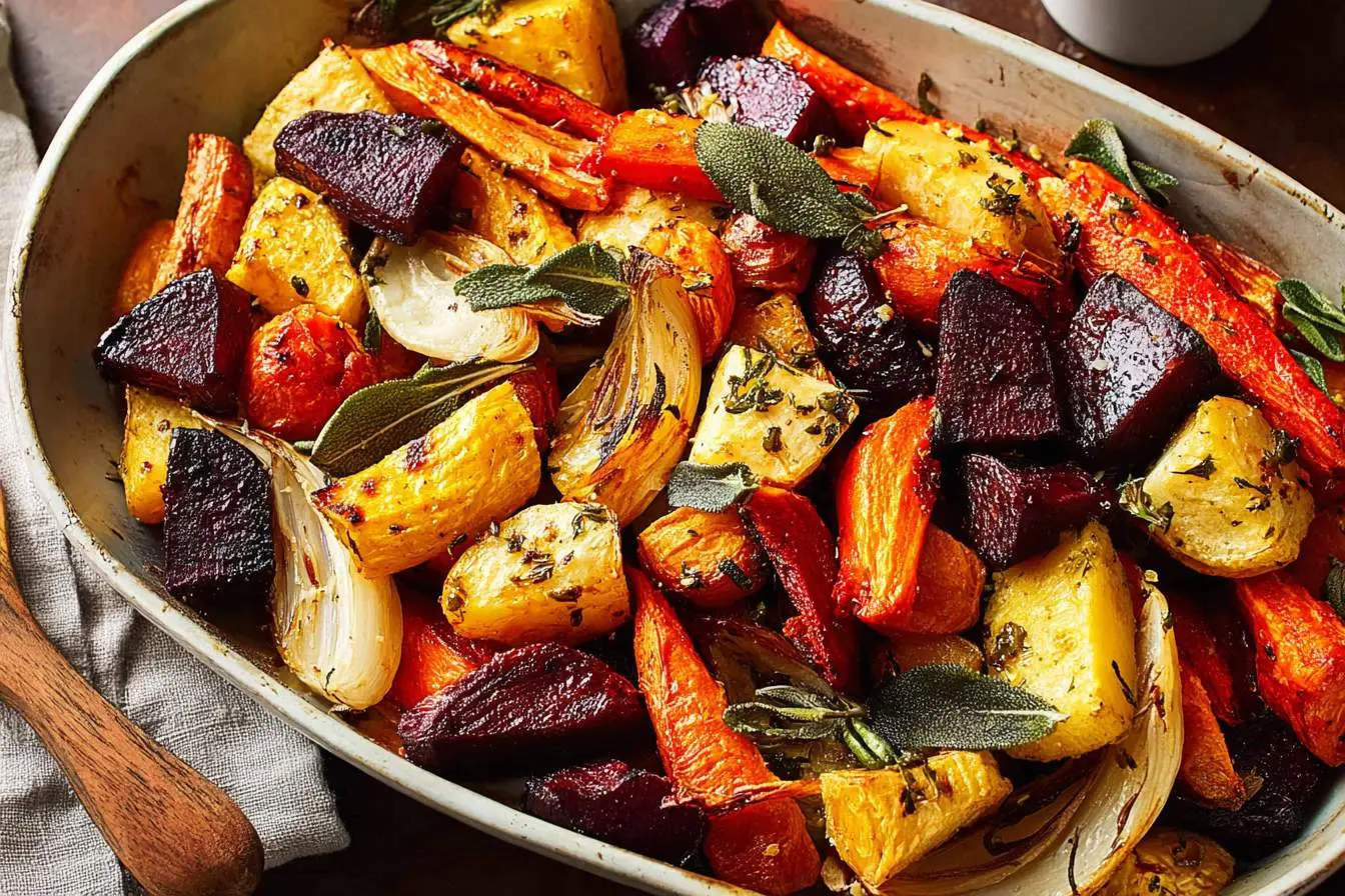 A rustic dish of colorful, perfectly seasoned roasted vegetables, including beets, carrots, potatoes, and onions, garnished with fresh sage.