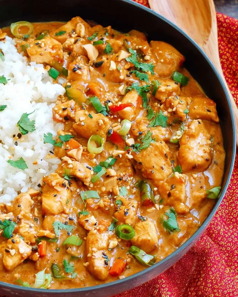 A close-up of a bowl of creamy Thai peanut chicken curry served with fluffy white rice, garnished with peanuts and fresh herbs.