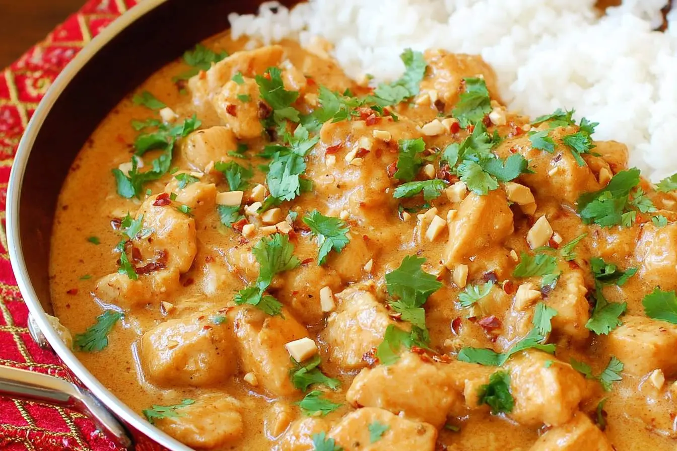 A close-up of delicious thai peanut chicken served with white rice, garnished with fresh cilantro and chopped peanuts.
