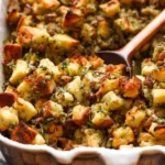 Close-up of a baking dish filled with savory golden-brown thanksgiving stuffing, garnished with fresh thyme and a wooden spoon.
