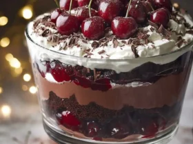 A beautiful Black Forest Trifle for Christmas in a glass bowl, layered with chocolate cake, cherry filling, mousse, whipped cream, fresh cherries, and chocolate shavings.