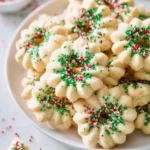 A plate piled high with festive Buttery Spritz Cookies, shaped like flowers and decorated with red, green, and white sprinkles.