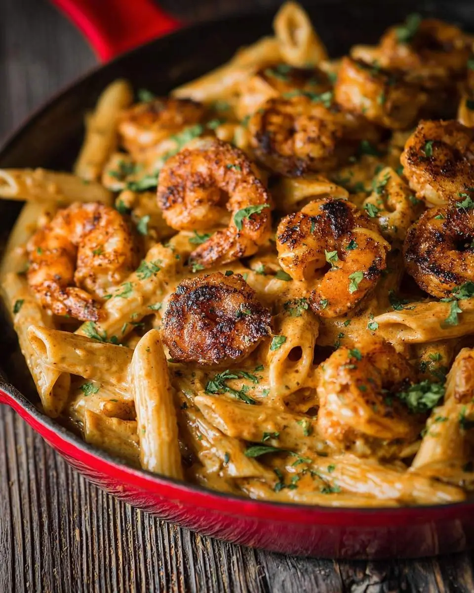 A vibrant red skillet filled with delicious Cajun Shrimp Pasta garnished with fresh parsley on a wooden table.