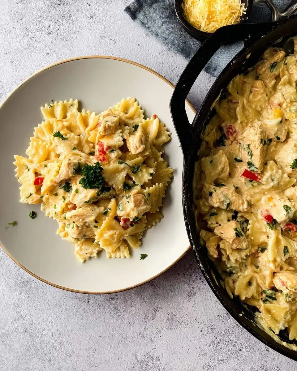 Cheesy Bowtie Pasta with Garlic Parmesan Chicken 27 A close-up view of Cheesy Bowtie Pasta with Garlic Parmesan Chicken served on a plate, alongside a cast iron skillet full of the creamy dish.
