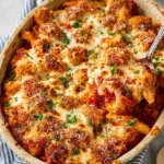 A cheesy, bubbling Chicken Parmesan Casserole in a rustic baking dish, topped with golden breadcrumbs and fresh parsley, a spoonful being served.