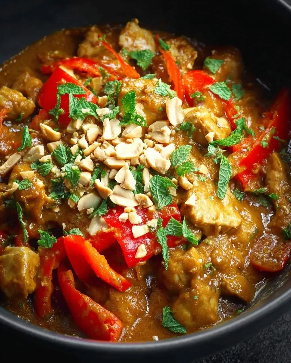 chicken satay 27 A close-up shot of a delicious chicken satay dish in a black bowl, garnished with red bell peppers, fresh mint, and chopped peanuts.