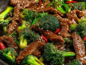 A close-up of a delicious pan of Chinese Beef and Broccoli stir-fry, garnished with sesame seeds and red chili slices.