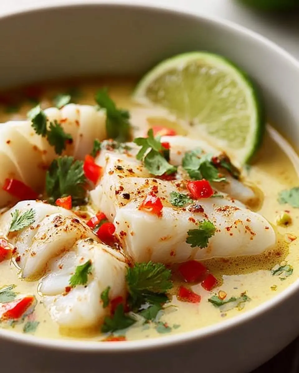 coconut lime fish soup 27 Close-up of a delicious coconut lime fish soup in a white bowl, garnished with white fish, red chilies, cilantro, and a lime wedge.