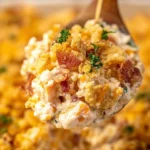 A wooden spoon lifts a generous serving of creamy Crack chicken casserole topped with crispy breadcrumbs, bacon, and fresh parsley.