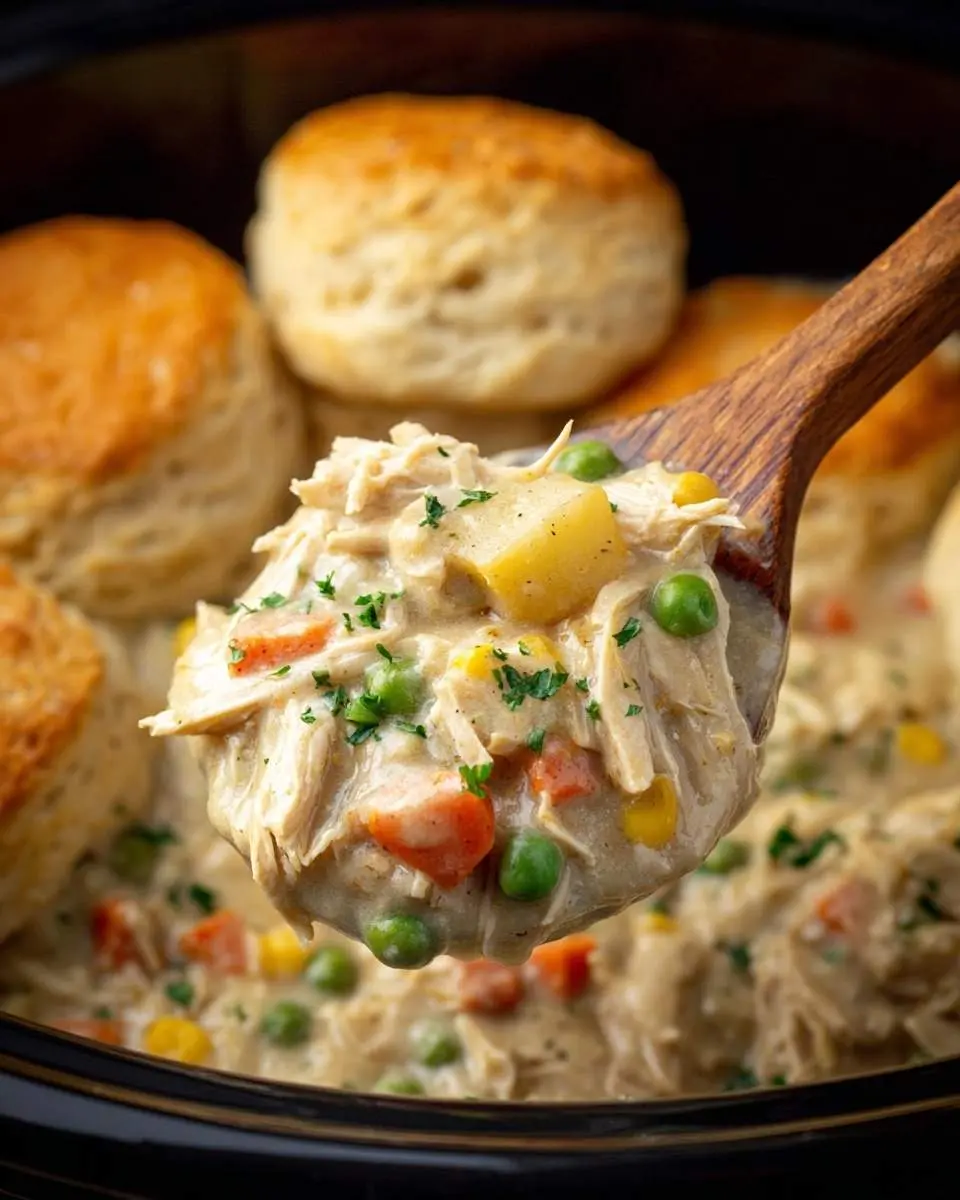 Crockpot Chicken Pot Pie 27 A wooden spoon scoops creamy Crockpot Chicken Pot Pie with shredded chicken, vegetables, and golden biscuits in the background.