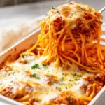 A fork lifts a steaming serving of baked million dollar spaghetti with rich meat sauce and melted mozzarella cheese from a white casserole dish.