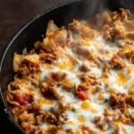 Steaming hot one pot cabbage casserole with ground beef, chopped cabbage, tomatoes, and melted cheese in a black cast iron skillet.