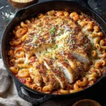 A skillet of baked Parmesan Chicken Pasta with cheesy breaded chicken, shrimp, and macaroni in a tomato sauce, topped with grated Parmesan.