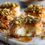 Close-up of golden Pistachio-Crusted Brie Bites drizzled with honey, with one bite cut open to reveal gooey melted cheese on a marble board.
