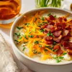 A creamy bowl of loaded potato soup topped with shredded cheddar cheese, crispy bacon, and fresh chives, set on a white surface.