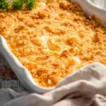 A close-up of a golden-brown ritz cracker chicken casserole in a white baking dish, garnished with fresh parsley.