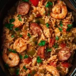 A close-up of a delicious Slow Cooker Jambalaya loaded with shrimp, sausage, rice, and vegetables, garnished with parsley.