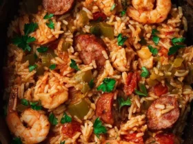 Slow Cooker Jambalaya 50 A close-up of a delicious Slow Cooker Jambalaya loaded with shrimp, sausage, rice, and vegetables, garnished with parsley.