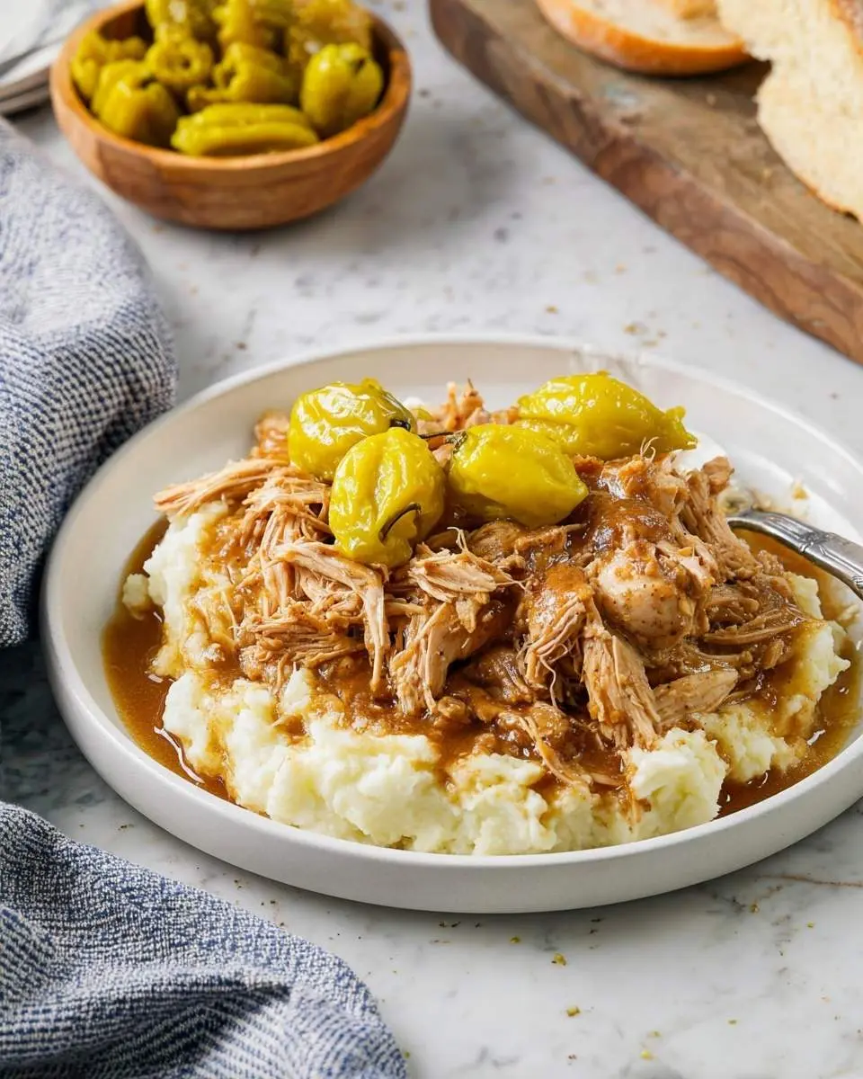 Slow Cooker Mississippi Chicken 27 A hearty plate of Slow Cooker Mississippi Chicken served over creamy mashed potatoes, topped with savory gravy and bright yellow pickled peppers.