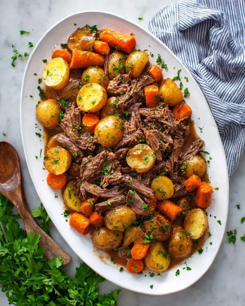 A delicious slow cooker pot roast with tender shredded beef, whole baby potatoes, and carrots, garnished with fresh parsley on a white platter.
