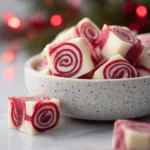 Close-up of a bowl filled with white and red swirled Soft Christmas Peppermints, with some scattered on a table and festive lights in the background.