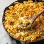 A wooden spoon scoops a cheesy, creamy tuna noodle casserole with peas and crispy breadcrumbs from a cast iron skillet.