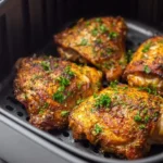 Crispy, golden Air Fryer Bone In Chicken Thighs garnished with fresh parsley in a black air fryer basket.