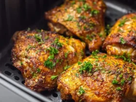 Air Fryer Bone In Chicken Thighs 48 Crispy, golden Air Fryer Bone In Chicken Thighs garnished with fresh parsley in a black air fryer basket.