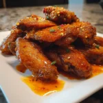 A plate piled high with glossy, saucy Air Fryer Buffalo Wings, garnished with red pepper flakes and chopped chives.