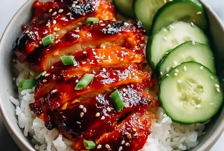 A bowl of white rice topped with glistening sliced Air Fryer Gochujang Chicken Thighs, sprinkled with sesame seeds and green onions, accompanied by fresh cucumber slices.