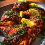 Close-up of vibrant Air Fryer Harissa Chicken pieces, beautifully spiced and garnished with fresh parsley and lemon wedges on a light plate.