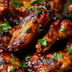 A close-up of glossy, golden-brown Air Fryer Honey Garlic Wings coated in a sticky glaze and garnished with fresh parsley.