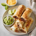 A plate of golden-brown Beef Burritos, some cut open to show the filling, served with guacamole, shredded cheese, and lime wedges.