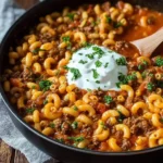 Hearty Beef Goulash in a black skillet, topped with a dollop of sour cream and fresh parsley on a wooden table.